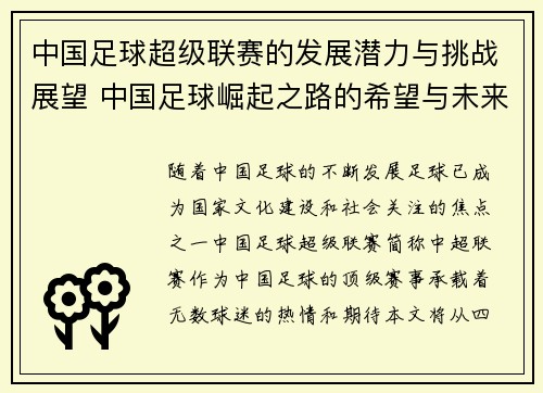 中国足球超级联赛的发展潜力与挑战展望 中国足球崛起之路的希望与未来