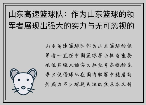 山东高速篮球队：作为山东篮球的领军者展现出强大的实力与无可忽视的竞争力